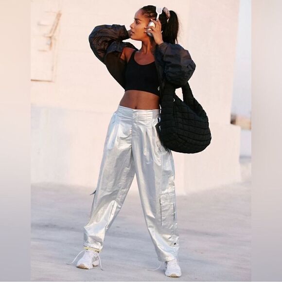 NWOT Free People Mesmerize Me Shine Pants Silver Shiny Low Rise Cargo Metallic - Picture 7 of 16